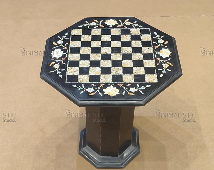 Handmade Black Marble Chess Table Top | Gemstone Inlay, Octagon