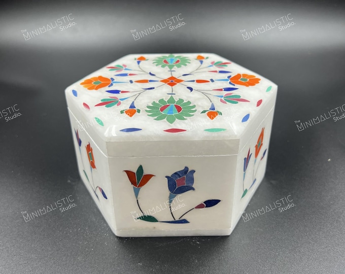 Floral Pietra Dura Inlay Marble Box | Handmade Indian Jewelry Box