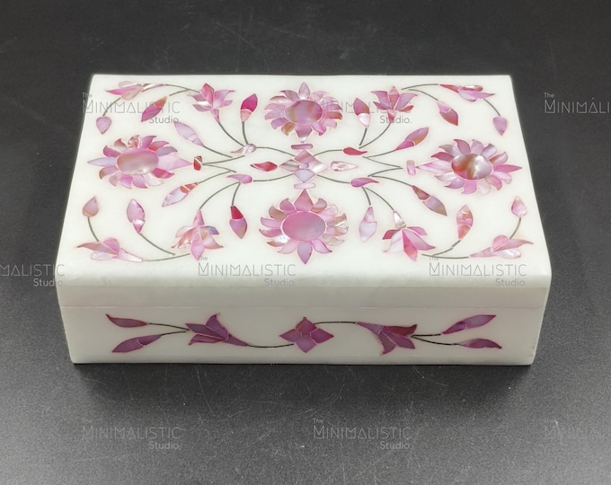 Handcrafted White Marble Pink Floral Inlay Jewelry Box | Pietra Dura Mother of Pearl Trinket Storage | Unique Gift from India