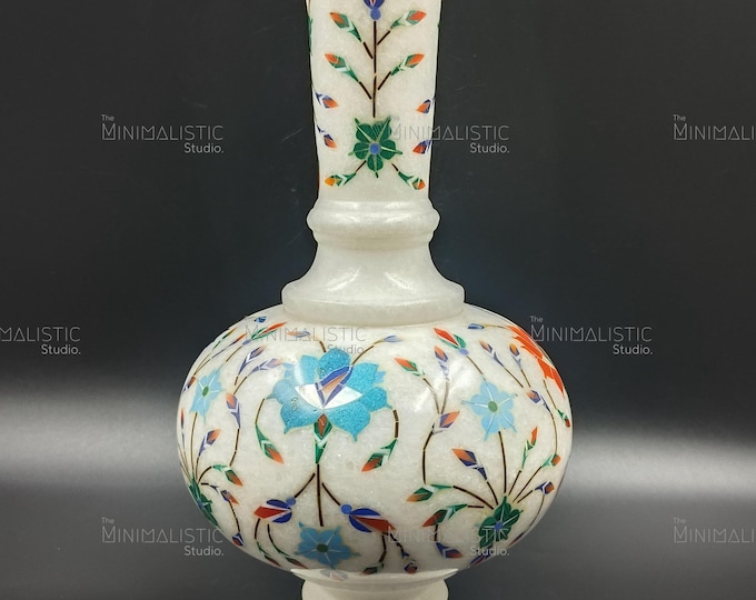Floral Inlay Marble Vase | Pietra Dura Indian Decor