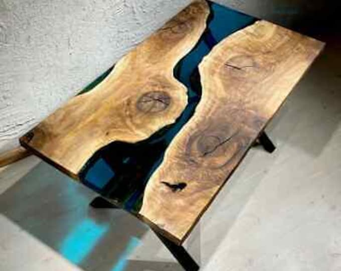 Rectangular Blue River Acacia Wood Epoxy Table Top | Live Edge Dining Coffee Table | (Customisable)
