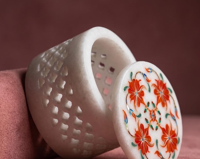 Round Marble Gemstone Inlay Jewellery Box | Handmade White Marble