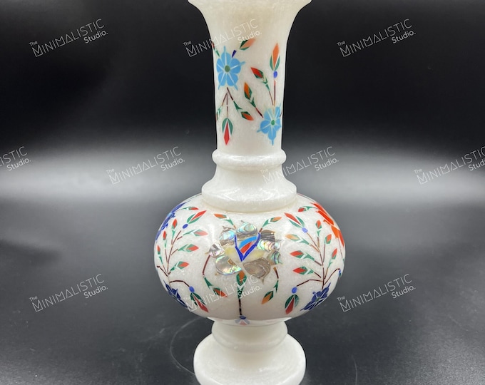 Handmade Makrana Marble Flower Vase | Pietra Dura Floral Inlay