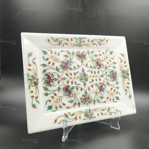 Handmade Marble Inlay Tray – Floral Pietra Dura Plate for Wall or Table Decor – White Marble with Stone Art