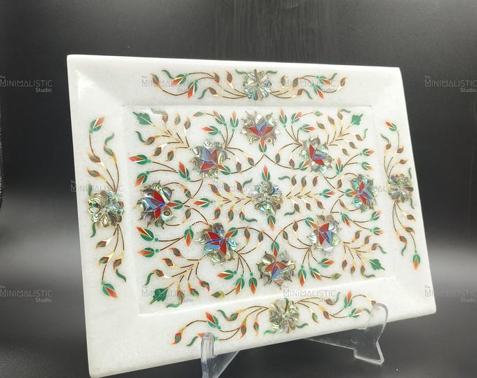 Handmade Marble Inlay Tray – Floral Pietra Dura Plate, Mughal Art