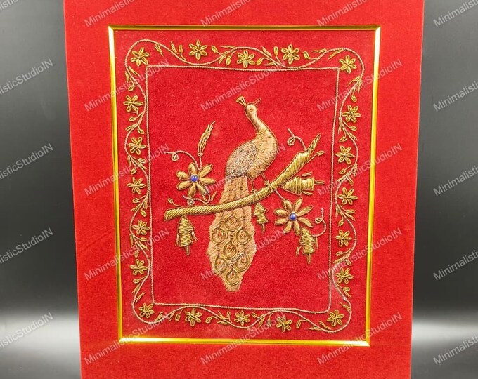 Gold Peacock Zardozi Embroidery Art | Red Velvet Framed Panel