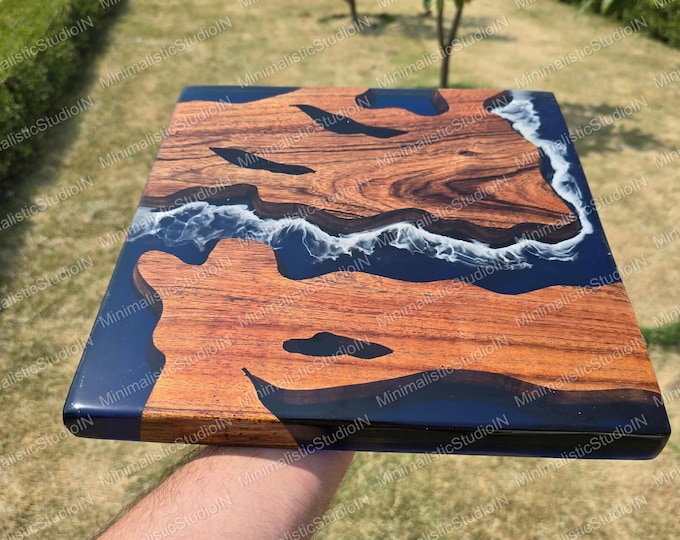 Handmade Acacia Wood & Blue Epoxy Table Top | Ocean Resin Art