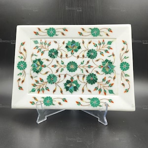 Handmade Marble Inlay Tray – Floral Pietra Dura Plate for Wall or Table Decor – White Marble with Stone Art