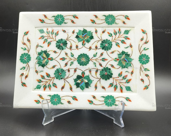 Handmade Marble Inlay Tray – Floral Pietra Dura Stone Art Plate