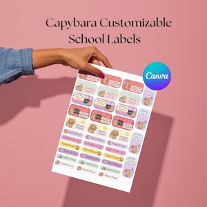 Editable Capybara School Labels Printable Set, Cute Animal Themed Name Tags for Kids, Personalized Classroom Supplies Stickers