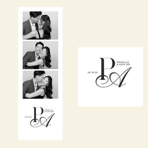 May include: Black and white photo booth strip with three images of a couple embracing and kissing. A separate graphic features the initials "PA" in elegant script, with the names "Priscilla & Alex Lee" and the date "04.19.25".