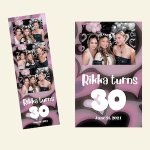 May include: A photo booth strip with three women in a photo booth. The women are smiling and posing for the camera. The background is decorated with pink and black hearts and balloons. The text "Rikka turns 30" is written in white on a pink background. The date "June 21, 2021" is written below the text.