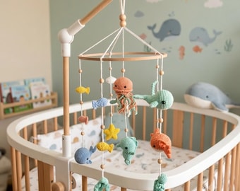 Crochet Ocean Baby Mobile, Amigurumi Sea Creatures Nursery Mobile, Ocean Nursery Decor, Crochet Whale Jellyfish Seahorse Mobile, Baby Shower