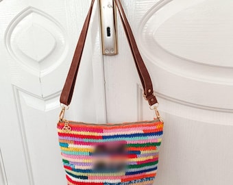 Crochet bag, Handmade crochet shoulder bag, trendy tote bag, Knitted multicolor bag, cute gift for girl woman, rainbow knit bag