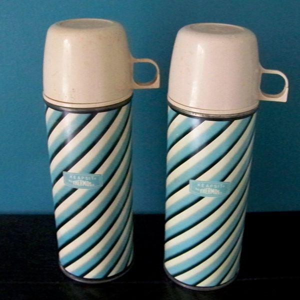 RESERVED for decor8vintage       Vintage Blue Stripe Thermos Set