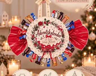 Calendario de Adviento Imprimible - Calendario de Adviento DIY especial con bombones de chocolate, plantilla PDF para imprimir en casa / Calendario de Adviento Digital
