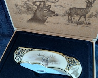Retro Classic Gift Box Collectors Wildlife Folding Knife Deer Scene