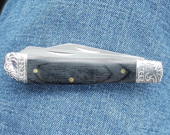 Beautiful Three Blade Folding Knife Dark Grey Genuine Wood Inlay Etched Metal Bolster Sturdy  Arts Crafts Workshop Tool Thoughtful Gift