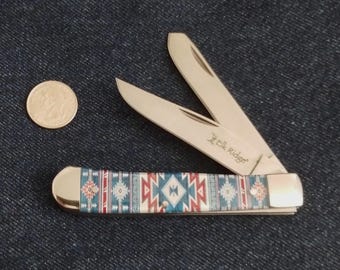 Beautiful Native American Blue Design Two Blade Classic Style Folding Knife Artsy Collectable Gift