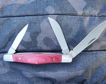 Retro Classic Traditional Style Three Blade Folding Knife with Genuine Wood Inlay Camping Hiking Crafts Thoughtful Gift
