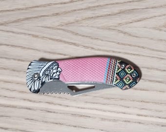Decorative Native American Chief Pink Handle Folding Pocket Knife with Clip