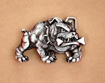Ferocious Bulldog with Bone Embossed Metal Belt Buckle Unique Style Fashion Accessory Conversation Piece Interesting Gift