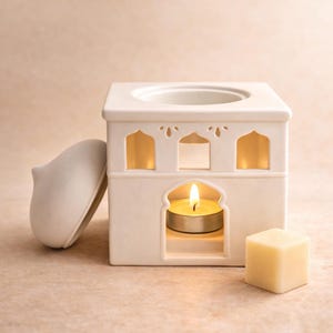 May include: A cream-coloured ceramic essential oil diffuser with a square shape and arched window cutouts. A lit tea light candle is inside, and a wax melt cube sits nearby. The lid is off to the side.