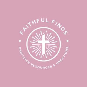 May include: A circular logo with the text "FAITHFUL FINDS" in a white, sans-serif font, encircling a white cross with radiating lines on a pink background. The words "CHRISTIAN RESOURCES & CREATIONS" are also in white.
