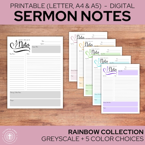Sermon Notes Template | Printable or Digital | Christian Journal Printable | A4 A5 US Letter | Rainbow Collection | Instant Download