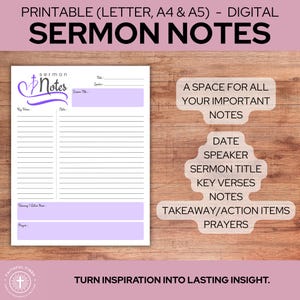 May include: Printable sermon notes with a purple and white design. The digital download includes space for key verses, notes, and action items. The text on the image says "Sermon Notes".