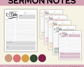 Sermon Notes Template | Printable or Digital | Christian Journal Printable | A4 A5 US Letter | Boho Chic Color Collection | Instant Download