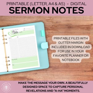 May include: A digital printable sermon notes template with a light blue binder. The template includes sections for scripture, notes, and prayer. Text on the image reads "Printable Sermon Notes" and "Printable Files with Gutter Margin Included in Download".