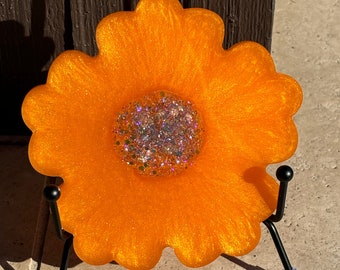 Coasters Orange Flower with Center Sparkles, Handmade Epoxy Resin Coasters