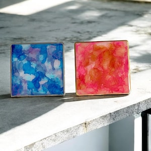 Coasters &quot;Marble&quot; Blue or Pink with Gold and Silver Accents, Handmade Epoxy Resin Coasters