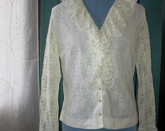 Judy Bond Blouse Lace Ruffles Pearl Buttons Long Sleeved Top Frilly Cuff Sweet Vintage 1960's Secretary Style Label Size 14/34