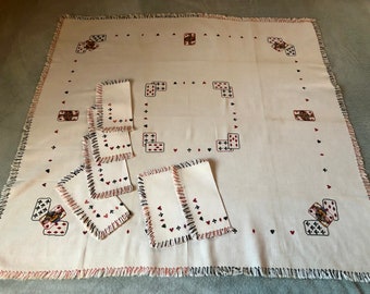 Vintage Mid Century Bridge Playing Card Table Cloth 6 Napkins Hand Embroidered Precise X Stitches Jacks Cards Motifs Red White Black