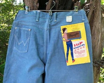 Vintage Wranglers Hip Huggers Jeans 100% Cotton Light Blue Denim Zip Front Misses Western Style 1960's Vintage SZ 15/16 Made in USA NOS