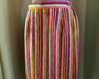 Vintage 100% Silk Knee Length Wrap Skirt Anne Fairbanks LTD Label Vintage Size 8 label Pastel Vertical Stripes, Pretty Drape to Fabric