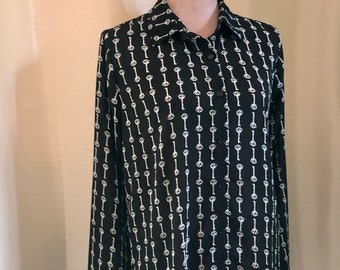 Vintage Novelty Blouse Shirt Collared Long Sleeves Semi Sheer Poly Black w White Keys Print Medium Size Funky Top