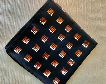 Vintage Deco Pocket Square Black White and Orange Print 13 x 13 inches Men’s Mid Century Chic Suit Pocket Accessory