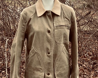 Vintage LL Bean Barn Jacket Women’s Med. Size Classic 1990's Tan Herringbone Twill Button Front Red Wool Blend Blanket Lining Made in USA