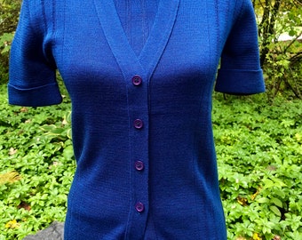 Vintage Twin Set Cos Cob Label Royal Blue Sweater Set Casual Sleeveless Shell & Short Cuff Sleeved Cardigan Campus Fashions Classics