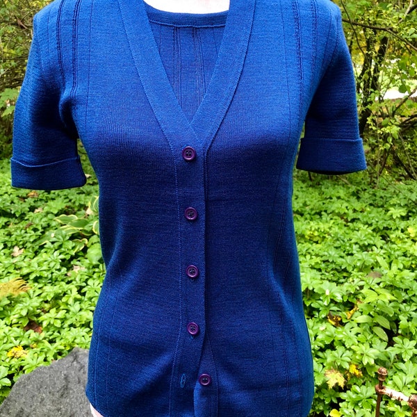 Vintage Twin Set Cos Cob Label Royal Blue Sweater Set Casual Sleeveless Shell & Short Cuff Sleeved Cardigan Campus Fashions Classics