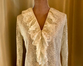 Lace Blouse Judy Bond Label Blouse Ruffles Pearl Buttons Long Sleeved Top Frilly Cuff Sweet Vintage 1960's Secretary Style Label Size 14/34