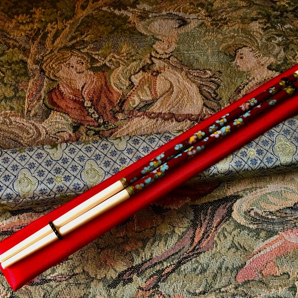 Vintage Cloisonné Chopsticks Set in Original Fabric Covered Gift Box Collectible Souvenir Pretty Decorative and Usable