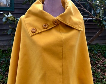 Vintage Mustard Yellow Poncho Wrap Made in Italy Soft Fleecy Poly Fabric Large Buttons at Cowl Neck Retro 1960's Fashion Italian Style