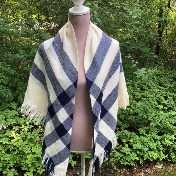 Vintage Cozy Fringed Shawl Scarf Wrap Blue & White Square Lightweight Shawl 46 x 46 in with 3 in Fringe Excellent Condition Fall Accessory