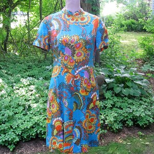 May include: A vintage blue dress with a colorful floral print. The dress has a mandarin collar and short sleeves.