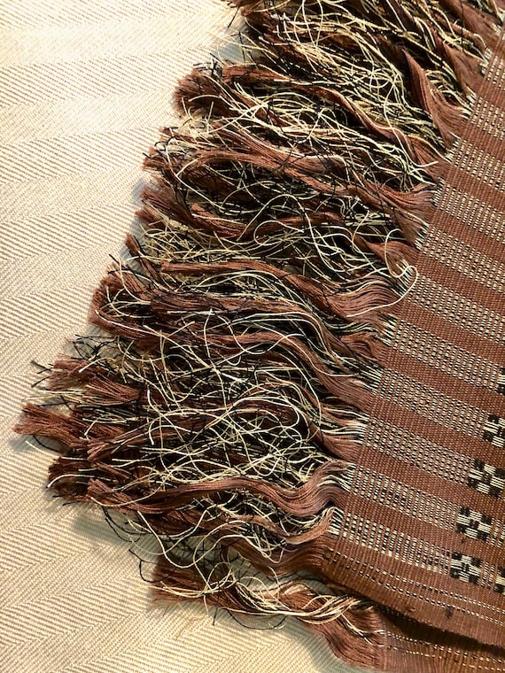 Vintage Vietnamese Shawl Woven Fringed Wrap Brown… - image 6