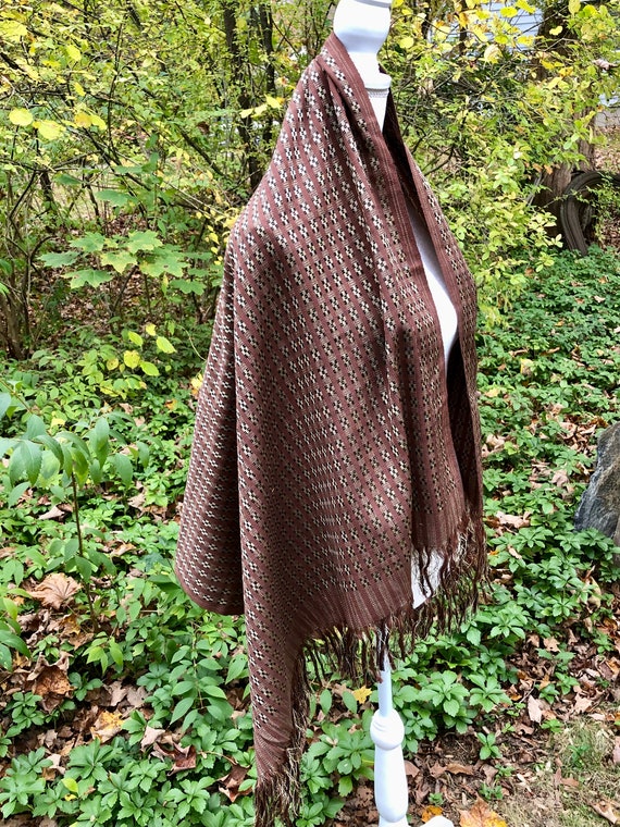 Vintage Vietnamese Shawl Woven Fringed Wrap Brown… - image 3